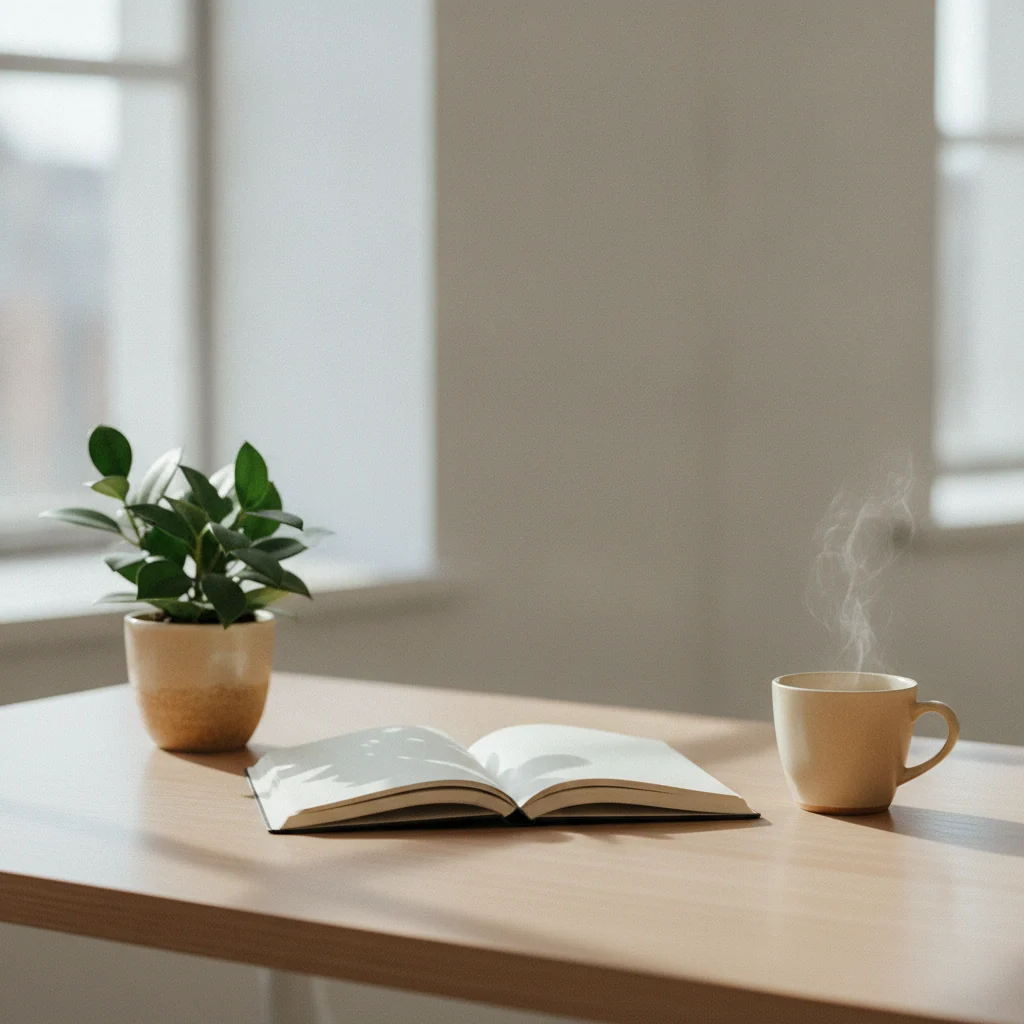 Een rustige werkomgeving met een notitieboek, een plant en een kopje koffie op een licht houten bureau