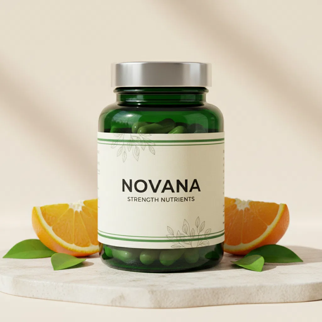 Novana Strength Nutrients - donkergroene glazen pot met zilveren deksel en witte etiket